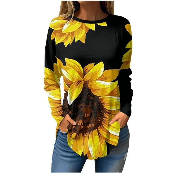 Aloohaidyvio Womens Shirts Dressy Casual,Women's Fashion Casual Round Neck Long Sleeve Printed T-Shirt Top