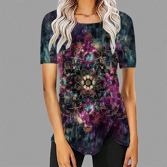 Aloohaidyvio Tunic Tops for Women Plus Size Short Sleeve Ethnic Floral Loose Dressy Casual Shirts Button Decor Asymmetric Hem Tunic Top