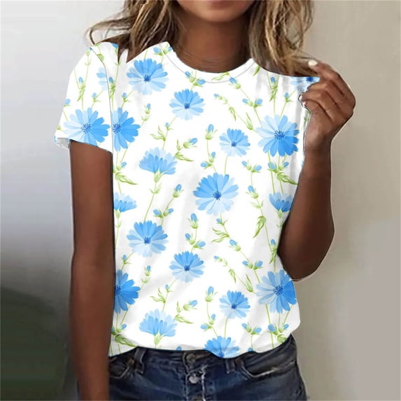 Black and Friday Clearance Sale Deal Aloohaidyvio Womens Plus Size Tops Short Sleeve Floral Shirt Casual Round Neck Pleated T Shirt Loose Fit Tunic Blouse