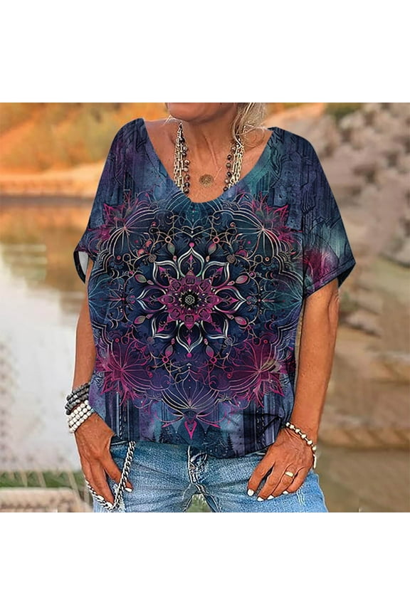 Mexican Vintage Shirts for Women Boho Tops and Blouses Short Sleeve Bohemian Peasant Summer Fall Tunic Top