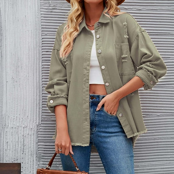 Aloohaidyvio Denim Jackets for Women 2024 Spring Summer Women's Jean Jacket Frayed Washed Button Up Cropped Denim Jacket With Pockets