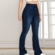 Aloohaidyvio Denim Pants for Women Plus Size,Womens Denim Button Zipper Solid High Waist Pockets Jean Long Flare Trousers,Jeans for Women Plus Size Stretch