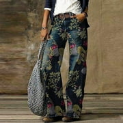 Aloohaidyvio Denim Trousers for Women,Womens Fashion Comfortable Printed Straight Casual Trousers Pants,Jeans for Women Plus Size Stretch