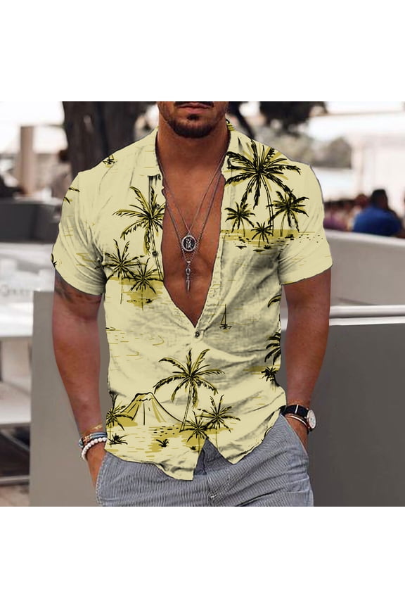 Dress Shirts for Men Big and Tall,Men Beach Print Turndown Short Sleeve Shirt Blouse, Shirts for Men
