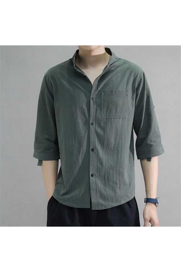 Dress Shirts for Men Big and Tall,Mens Linen Shirt Stand-up Collar Thin Seven-point Short-sleeved Shirt, Shirts for Men
