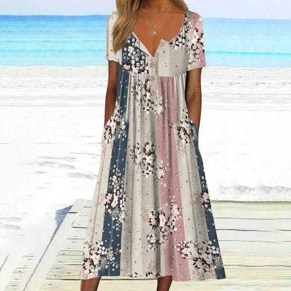 Aloohaidyvio Dresses ,Womens Fashion Casual Summer Short Sleeve Off The Shoulder Print V-Neck Dress, Womens Dresses