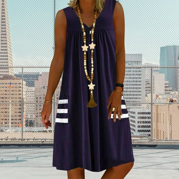Aloohaidyvio Dresses Plus Size,Fashion Women Striped Dress with Pockets Casual Pullover Sleeveless Dress