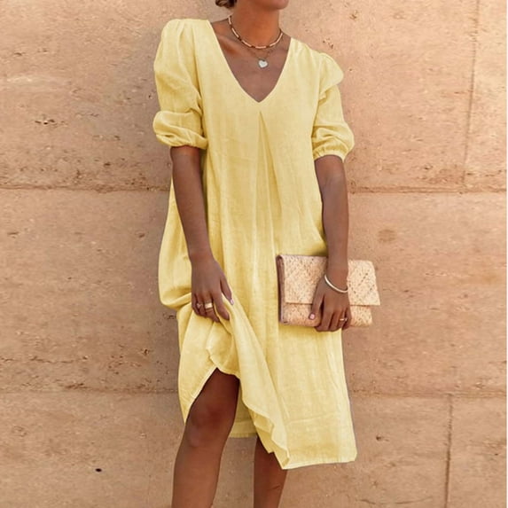 Aloohaidyvio Dresses Plus Size,Womens Cotton Linen Solid Fashion Medium Sleeve Casual Pleated Medium Length Dress