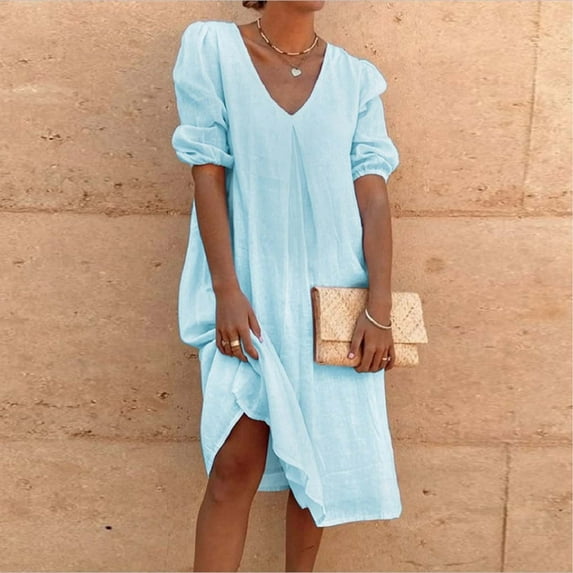 Aloohaidyvio Dresses Plus Size,Womens Cotton Linen Solid Fashion Medium Sleeve Casual Pleated Medium Length Dress