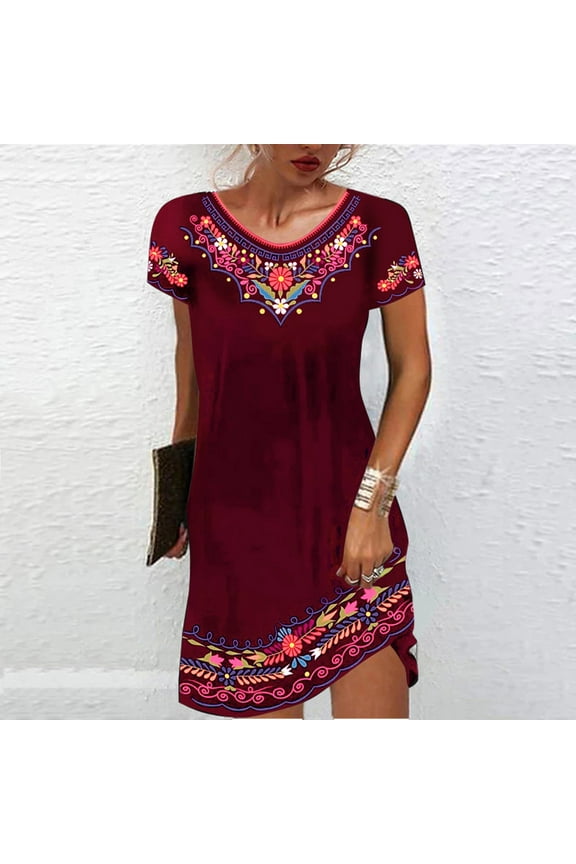 Dresses Plus Size,Womens Fashion Comfortable Casual Ethnic Short Sleeve Round Neck Print Dress