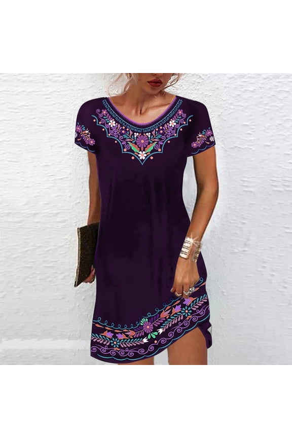 Maxi Dresses for Women 2024,Womens Fashion Comfortable Casual Ethnic Short Sleeve Round Neck Print Dress