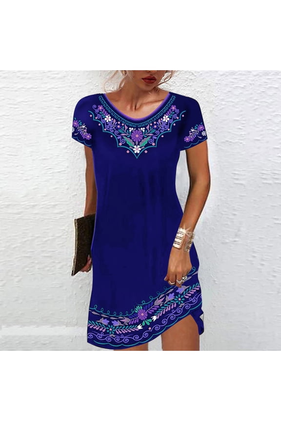 Dresses Plus Size,Womens Fashion Comfortable Casual Ethnic Short Sleeve Round Neck Print Dress
