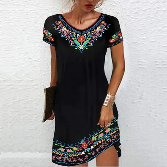 Aloohaidyvio Dresses Plus Size,Womens Fashion Comfortable Casual Ethnic Short Sleeve Round Neck Print Dress