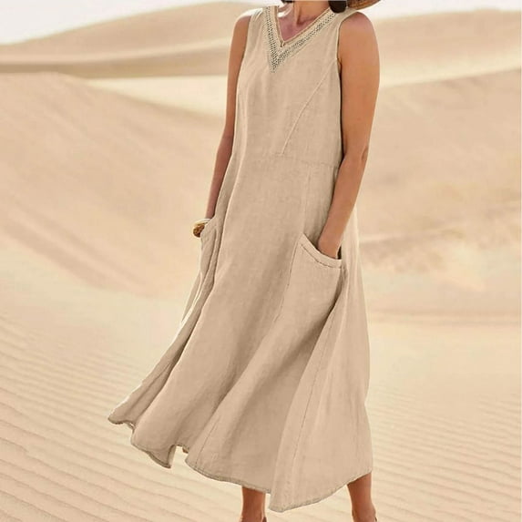 Aloohaidyvio Dresses Plus Size,Womens Summer V Neck Lace Fashion Casual Solid Color Sleeveless Cotton Linen Long Dress