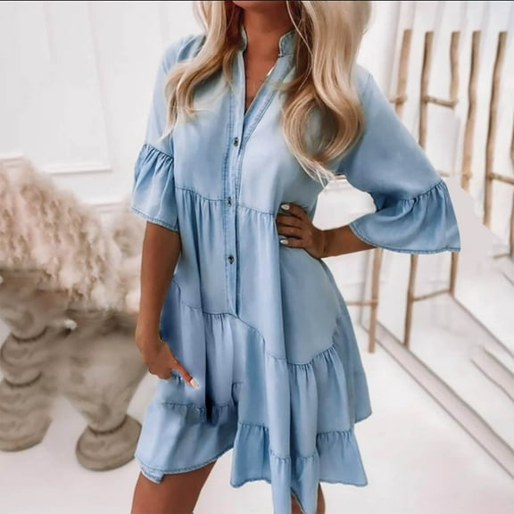 Aloohaidyvio Dresses Plus Size,Womens Summer Washed Cotton Half Sleeve A-Line Mid Length Denim Ruffle V-Neck Button Dress