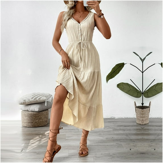 Aloohaidyvio Dresses for Women No Boundaries Women Summer Dresses V Neck Maxi Dress Tiered Silhouette with Flutter Sleeve Backless Elastic Waist Flowy Dress
