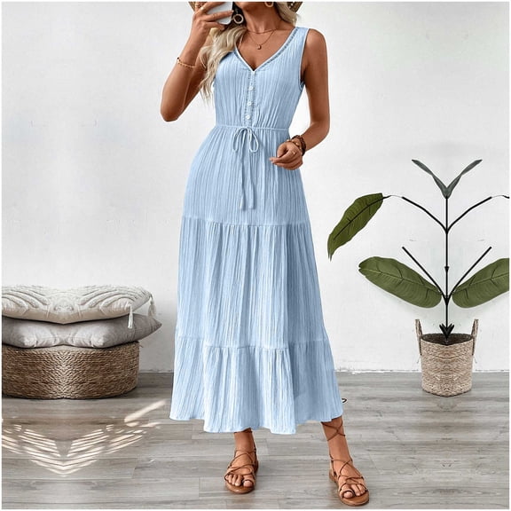 Aloohaidyvio Dresses for Women No Boundaries Women Summer Dresses V Neck Maxi Dress Tiered Silhouette with Flutter Sleeve Backless Elastic Waist Flowy Dress