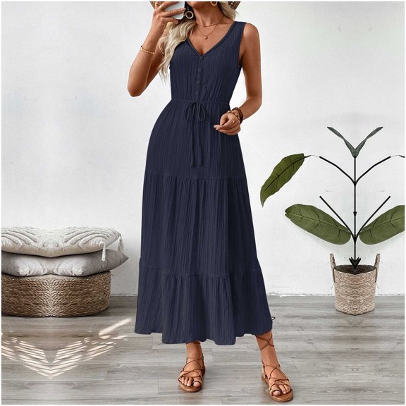 Aloohaidyvio Dresses for Women Women Summer Dresses V Neck Maxi Dress Tiered Silhouette with Flutter Sleeve Backless Elastic Waist Flowy Dress