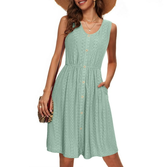 Aloohaidyvio Dresses for Women No Boundaries Womens Sleeveless Sundress Summer Casual Eyelet Button Down Short Dress Flowy Beach Tank Mini Dress with Pocket