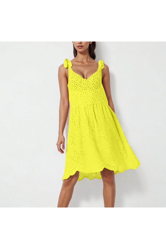 Dresses for Women Womens V Neck Crisscross Backless Dresses Tie Back Sleeveless Ruffle Hem Flowy Swing A-Line Vintage Summer Mini Dress