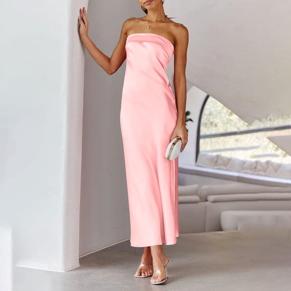 Aloohaidyvio Dresses for Women No Boundaries Womens 2025 Summer Strapless Satin Tube Bodycon Backless Wedding Guest Maxi Dress
