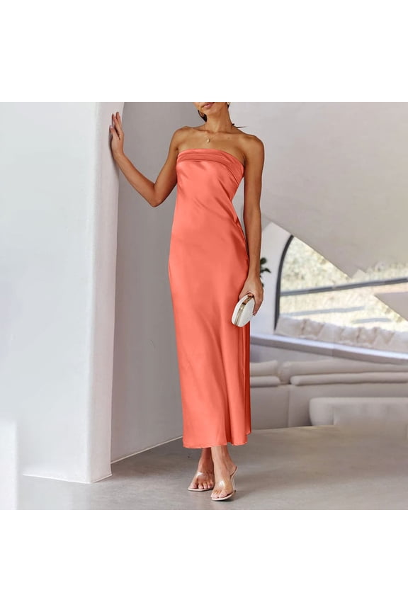 Dresses for Women No Boundaries Womens 2025 Summer Strapless Satin Tube Bodycon Backless Wedding Guest Maxi Dress