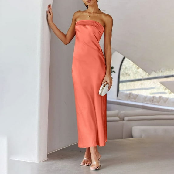 Aloohaidyvio Dresses for Women Womens Summer Strapless Satin Tube Bodycon Backless Wedding Guest Maxi Dress