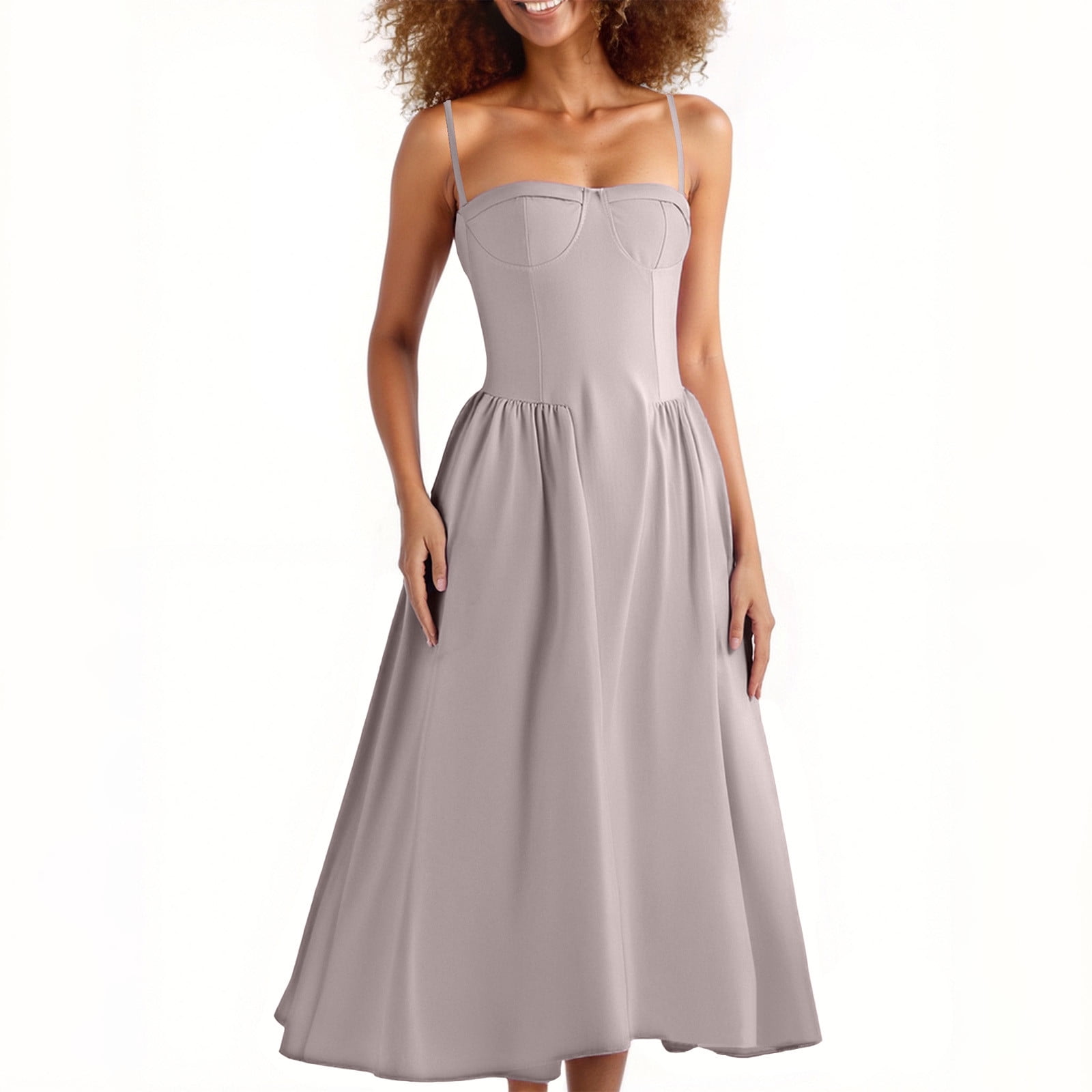 Trend4us Elegant Halter Corset Waist Ruched Pleated Midi Dress