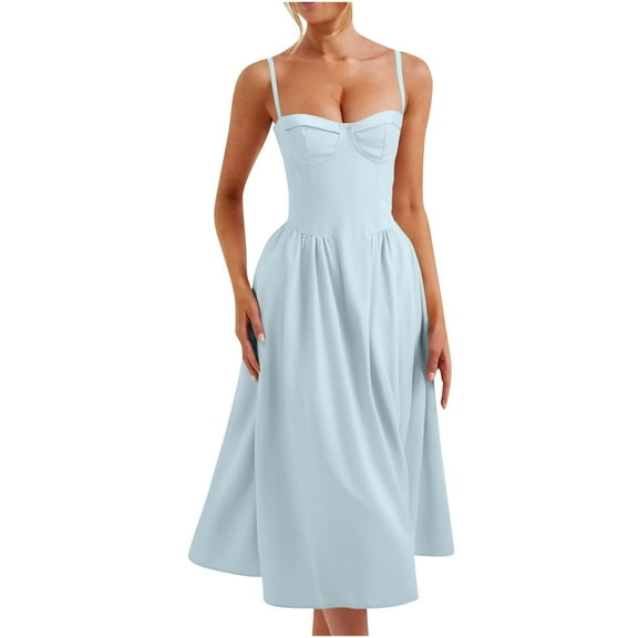 Aloohaidyvio Dresses for Women No Boundaries Womens Corset Dress Elegant Spaghetti Strap Midi Dress Flowy Pleated Low Cut Prom Dresses with Pockets