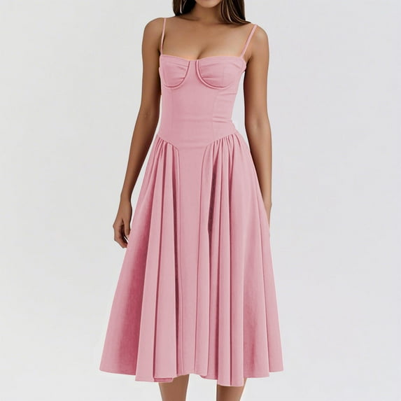 Aloohaidyvio Dresses for Women Womens Corset Dress Elegant Spaghetti Strap Midi Dress Flowy Pleated Low Cut Prom Dresses with Pockets