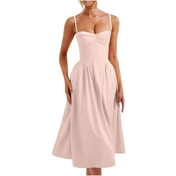 Aloohaidyvio Dresses for Women No Boundaries Womens Corset Dress Elegant Spaghetti Strap Midi Dress Flowy Pleated Low Cut Prom Dresses with Pockets