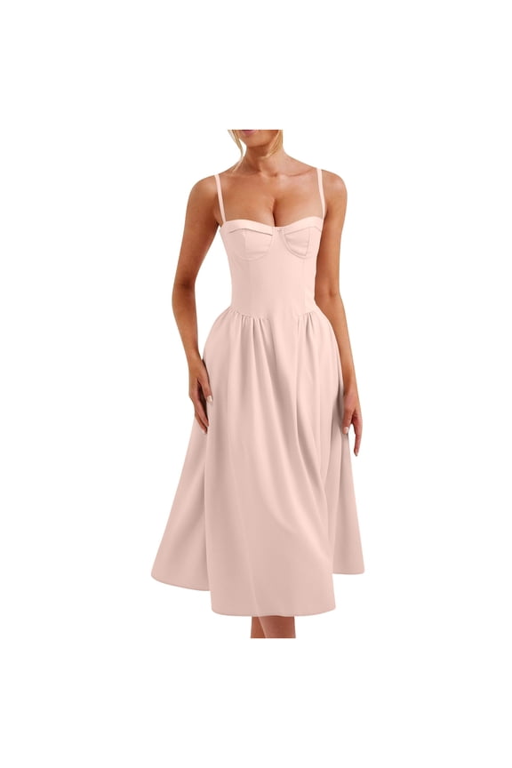 Dresses for Women Womens Corset Dress Elegant Spaghetti Strap Midi Dress Flowy Pleated Low Cut Prom Dresses with Pockets