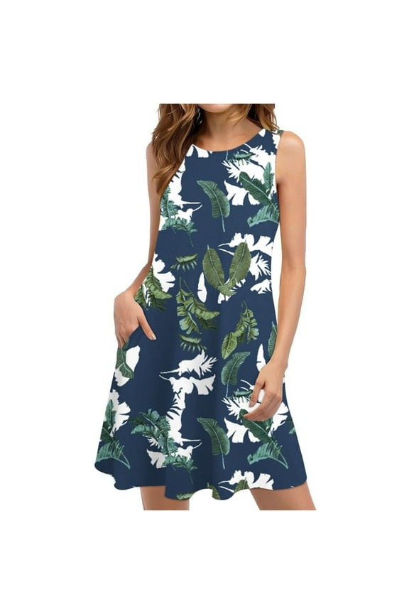 Dresses for Women,Summer Dresses for Women Beach Floral Tshirt Sundress Casual Pockets Boho Tank Dress