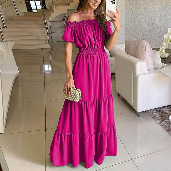 Aloohaidyvio Spring Dresses for Women 2024,Womens Short-sleeved Off Shoulder Solid Ankle Length Dress Long Dress