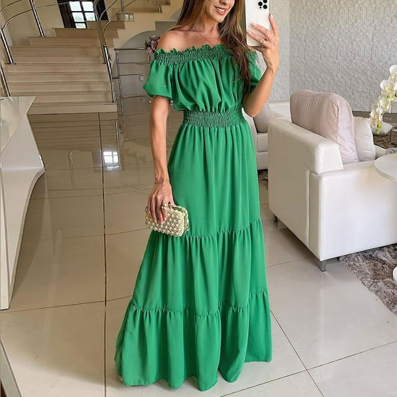 Aloohaidyvio Dresses for Women,Womens Short-Sleeved Off Shoulder Solid Ankle Length Dress Long Dress