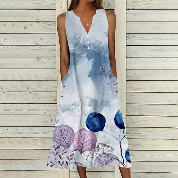 Aloohaidyvio Dresses for Women,Womens Summer Design Casual Dress Gradual Sleeveless Neck V-Neck Long Dress