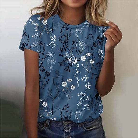 Cyber and Monday Deals Aloohaidyvio Womens Plus Size Tops Short Sleeve Floral Shirt Casual Round Neck Pleated T Shirt Loose Fit Tunic Blouse