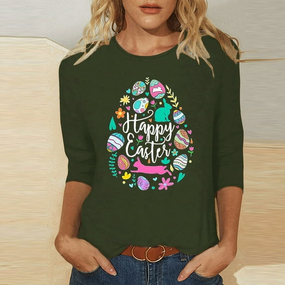 Aloohaidyvio Easter Bunny T Shirts,Womans Easter Christmas Round Neck Printing Blouse 3/4 Sleeve T-Shirt Blouses,Easter Ladies Clothing
