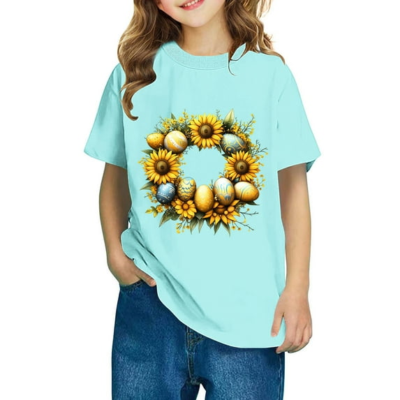 Aloohaidyvio Easter Cotton T Shirts Girls Kids' Easter Bunny Short Sleeve Shirt, Soft Cotton Tee with Colorful Egg Print for Egg Hunts & Family Photos 5 Years