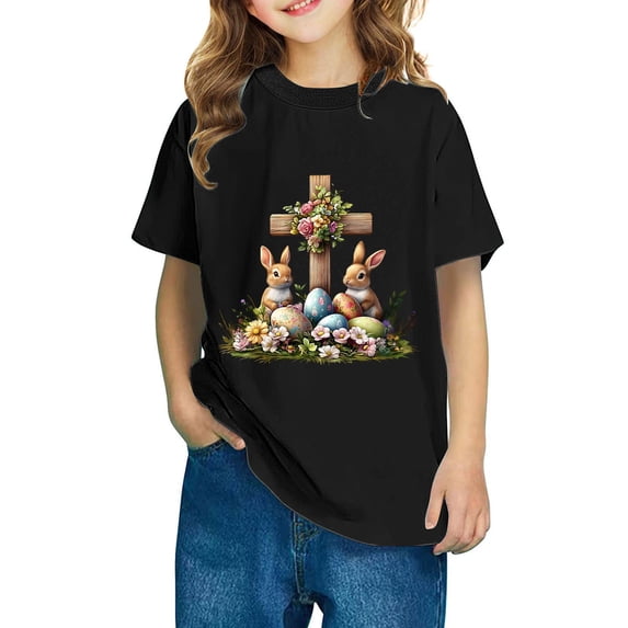Aloohaidyvio Easter Cross Shirt Minimalist Easter Cotton Tee for Girls, Small Cross Chest Print - Casual Spring Outfit 3 Years