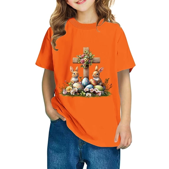 Aloohaidyvio Easter Cross Shirt Minimalist Easter Cotton Tee for Girls, Small Cross Chest Print - Casual Spring Outfit 5 Years