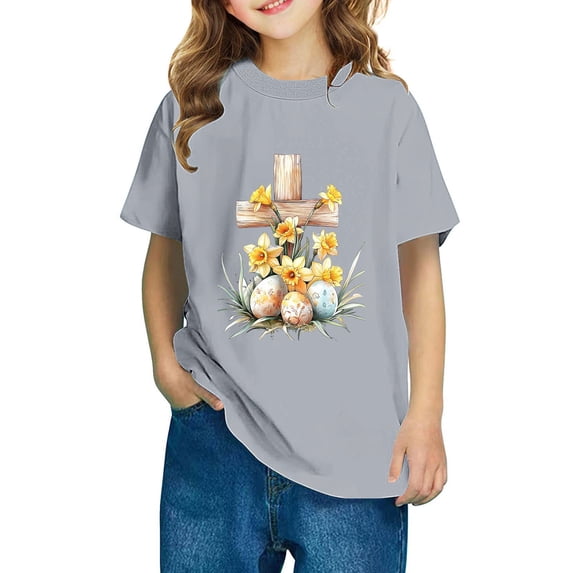 Aloohaidyvio Easter Egg Hunt Outfit Girls' Easter Sunday Best Tee, Vintage Cross Print Cotton Blouse for Family Photos 3 Years