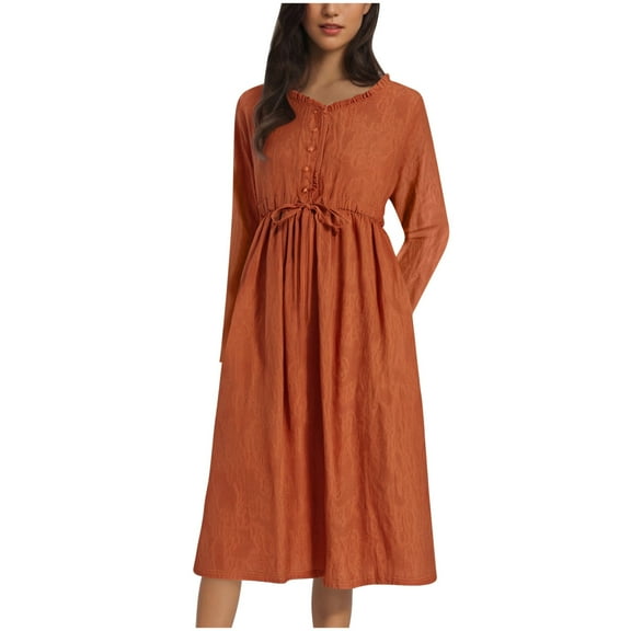 Aloohaidyvio Fall Dresses for Women Long Sleeve Button Round Neck Cotton Linen Flowy Wedding Guest Maxi Dress