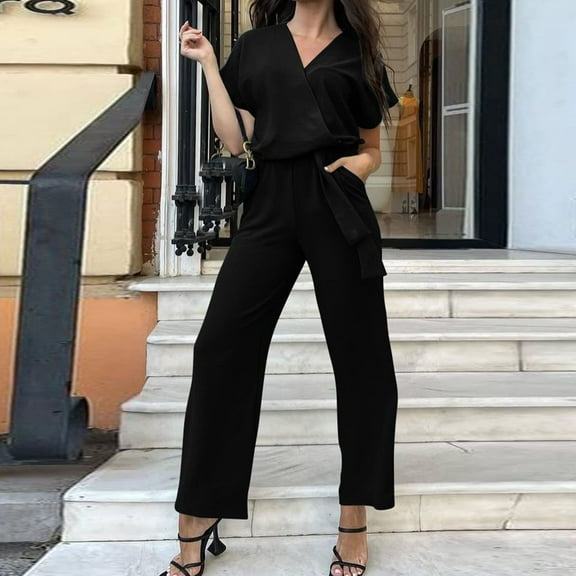 Aloohaidyvio Fashion Women Summer Jumpsuit Casual Short Sleeve Pockets Wrap V-Neck Belted Wide Leg Pants Rompers Black L