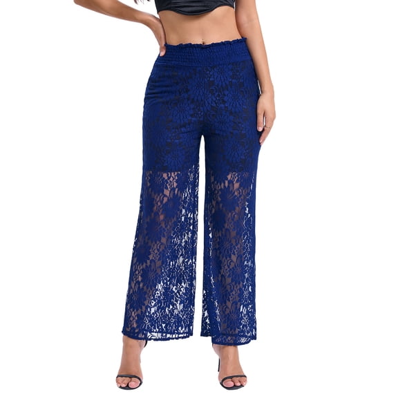 Aloohaidyvio Flowy Pants for Women Summer Sheer Lace Wide Leg Flare Palazzo Pants