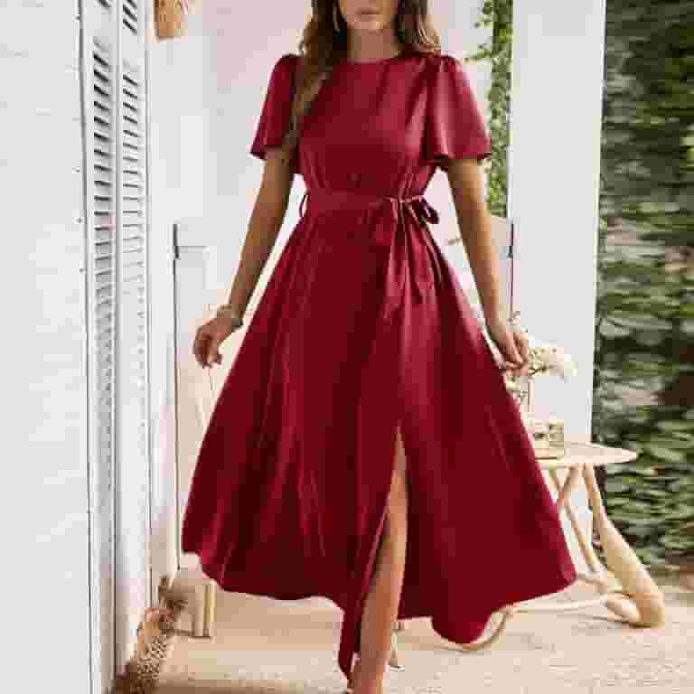Square Neckline Red Ruffled Prom Gown, Wedding Guest Dresses, Long Bridesmaid Dresses, Party Dresses Square Neckline Red Ruffled Prom Gown, Wedding Guest Dresses, Long Bridesmaid Dresses, Party Dresses