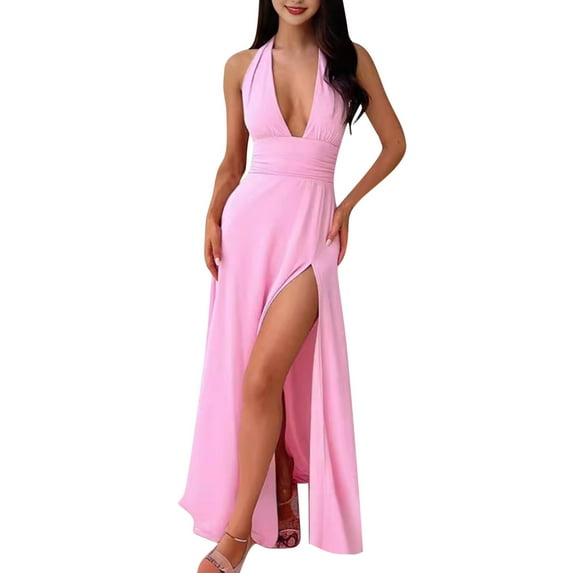 Aloohaidyvio Formal Dresses for Women,Womens Sexy V Neck Halter Backless Maxi Dress Ruched High Split Long Bodycon Dresses for Party Cocktail Evening