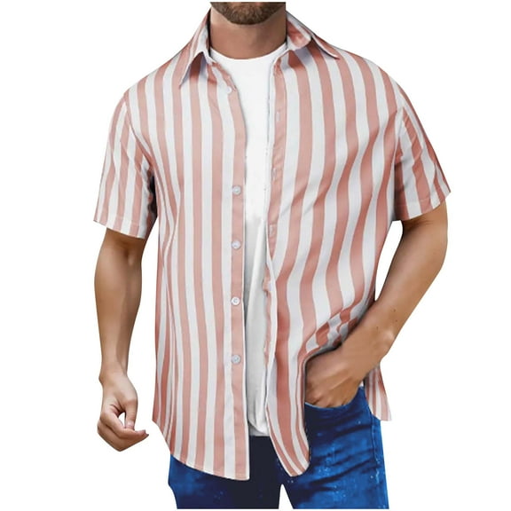Aloohaidyvio George Men's Casual Stylish Short Sleeve Button-Up Striped Dress Shirts Cotton Beach Shirt
