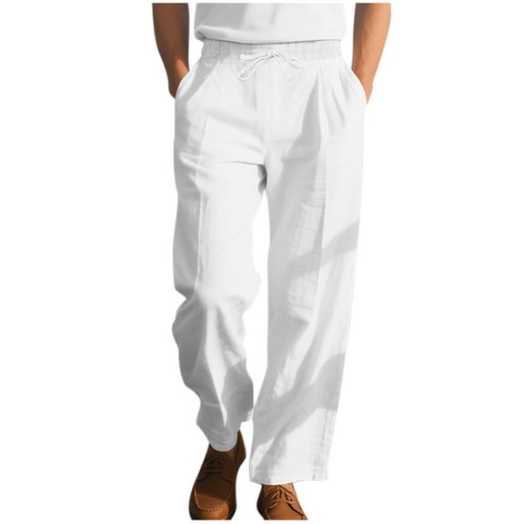 Aloohaidyvio George Mens Linen Pants Classic Fit Drawstring Lightweight Wrinkle-Resistant Casual Pants