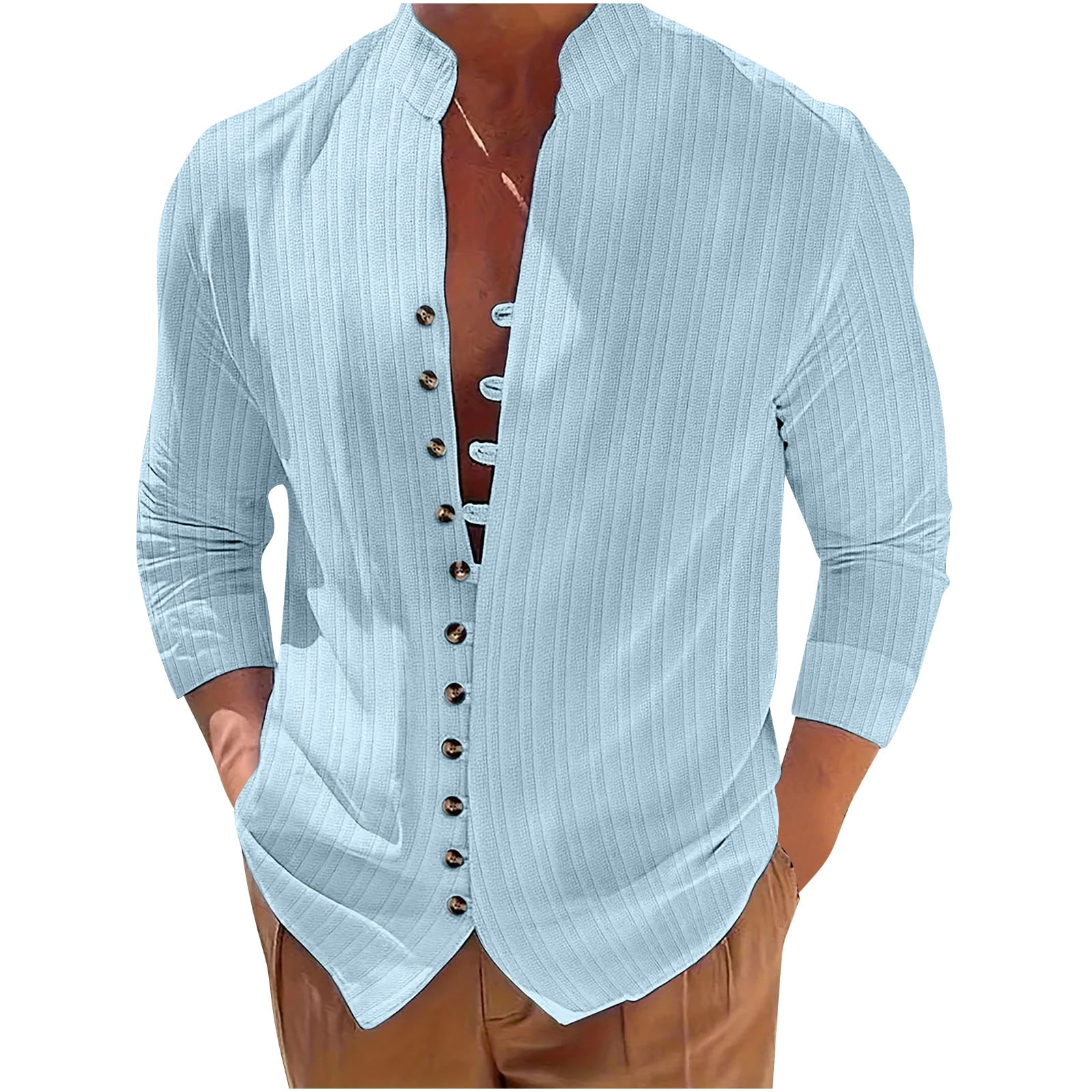 Men's Long Sleeve Button Down Shirt - Loose Fit Band Collar Vintage Henley Top